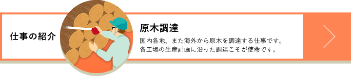 原木調達　国内各地、また海外から原木を調達する仕事です。各工場の生産計画に沿った調達こそが使命です。